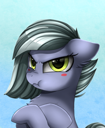 Size: 1446x1764 | Tagged: safe, artist:pridark, derpibooru import, limestone pie, earth pony, pony, blushing, bust, chest fluff, commission, cute, female, limabetes, limetsun pie, mare, portrait, pouting, scrunchy face, solo, tsundere