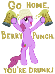 Size: 2400x3200 | Tagged: safe, artist:starkcontrast, berry punch, berryshine, earth pony, pony, alcohol, bipedal, cider, cider mug, cutie mark, drunk, female, floppy ears, go home you're drunk, hat, hooves, lampshade, lampshade hat, mare, mug, open mouth, redbubble, simple background, solo, tankard, text, that pony sure does love alcohol, transparent background