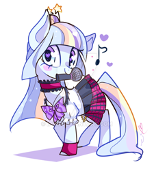 Size: 600x668 | Tagged: safe, artist:ipun, oc, oc only, oc:kirameki, earth pony, pony, choker, clothes, cute, female, heart eyes, mare, microphone, mouth hold, skirt, skirt lift, solo, watermark, wingding eyes