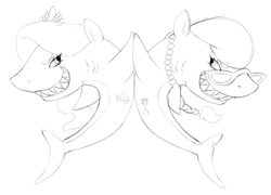 Size: 1200x862 | Tagged: safe, artist:7th-swell, derpibooru import, diamond tiara, silver spoon, shark, grin, high five, looking at each other, monochrome, sharkified, smiling, species swap