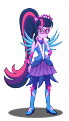 Size: 2080x3667 | Tagged: safe, artist:deannaphantom13, sci-twi, twilight sparkle, twilight sparkle (alicorn), alicorn, equestria girls, legend of everfree, boots, clothes, crystal guardian, crystal wings, dress, glasses, hand on hip, hasbro, hasbro studios, high heel boots, looking at you, ponied up, simple background, smiling, solo, sparkles, super ponied up, transparent background, visor, wings