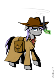 Size: 802x1136 | Tagged: safe, artist:avastindy, oc, oc only, oc:spark brush, pony, clothes, coat, cowboy, cowboyhat, gun, handgun, pistol, revolver, saddle bag, simple background, solo, transparent background, weapon