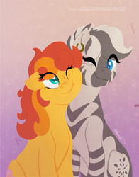 Size: 792x1008 | Tagged: safe, artist:raynesgem, oc, oc only, oc:peach blossom, oc:zuri, pony, zebra, duo, female, male, mare, squishy cheeks