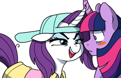 Size: 1280x831 | Tagged: safe, artist:omnonim, derpibooru import, rarity, twilight sparkle, twilight sparkle (alicorn), alicorn, pony, unicorn, friendship university, backwards ballcap, baseball cap, blushing, cap, hat, plainity, scene interpretation, simple background, transparent background