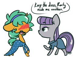 Size: 1280x962 | Tagged: safe, artist:lilliesinthegarden, derpibooru import, maud pie, snails, earth pony, pony, unicorn, blushing, blushing profusely, clothes, crossdressing, dress, female, glitter shell, male