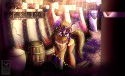 Size: 2400x1457 | Tagged: safe, artist:elmutanto, oc, oc only, oc:luna sanguine, bat pony, hybrid, pony, unicorn, back alley, bat pony unicorn, bells, belly dancer, clothes, crepuscular rays, dust, ear fluff, female, harem outfit, horn, jewelry, mare, middle east, see-through, sequins, slit eyes, solo, transparent, unshorn fetlocks, veil