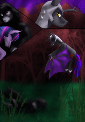 Size: 750x1066 | Tagged: safe, artist:charliegray99, derpibooru import, twilight sparkle, oc, oc:fallenlight, alicorn, comic:curse and madness, amulet, armor, bat wings, cloak, clothes, comic, cultist, dark, dodge, female, forest, gauntlet, helmet, hooded cape, male, mare, membranous wings, mlpcam, night, no dialogue, peytral, stallion