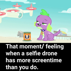 Size: 1920x1920 | Tagged: safe, derpibooru import, edit, edited screencap, screencap, spike, spike the regular dog, dog, better together, equestria girls, forgotten friendship, dog food, op is a cuck, op is trying to start shit, op is trying to start shit so badly that it's kinda funny, op is wrong, rock horse, selfie drone, spike is not amused, unamused