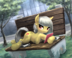 Size: 970x780 | Tagged: safe, artist:bakuel, oc, oc only, oc:interwebz, earth pony, pony, bench, building, city, female, hoof hold, ipad, mare, newspaper, solo, tree, underhoof