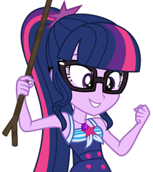 Size: 2997x3375 | Tagged: safe, artist:sketchmcreations, derpibooru import, sci-twi, twilight sparkle, better together, equestria girls, friendship math, clothes, geode of telekinesis, happy, magical geodes, simple background, smiling, solo, stick, swimsuit, transparent background, vector