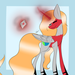 Size: 1024x1024 | Tagged: safe, artist:hestiay, derpibooru import, oc, oc only, alicorn, pony, alicorn oc, eyes closed, glowing horn, hoof shoes, letter, magic, signature, solo, telekinesis