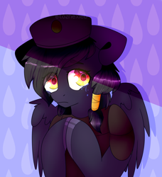 Size: 2100x2300 | Tagged: safe, artist:etoz, derpibooru import, oc, oc only, oc:mir, pegasus, pony, fallout equestria, crying, dashite, female, hat, mare, sad