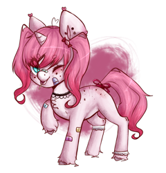 Size: 1100x1144 | Tagged: safe, artist:lastaimin, derpibooru import, oc, oc only, oc:pink candy, pony, unicorn, bandaid, candy, female, filly, food, lollipop, one eye closed, simple background, solo, transparent background, wink