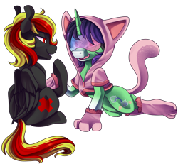 Size: 2927x2706 | Tagged: safe, artist:breioom, derpibooru import, oc, oc only, oc:crescent star, oc:lava berry, crystal pony, pegasus, pony, unicorn, blushing, clothes, crystal unicorn, dressup, female, grin, hoodie, hypnogear, hypnosis, hypnotized, male, mare, neko, paws, simple background, sissy, sitting, smiling, stallion, transparent background