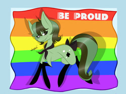 Size: 1024x768 | Tagged: safe, artist:hestiay, derpibooru import, oc, oc only, earth pony, pony, bow, gay pride flag, lgbt, pride, pride flag, signature, solo, tail bow