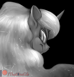 Size: 800x829 | Tagged: safe, artist:thatonegib, derpibooru import, nightmare moon, alicorn, angry, black and white, black background, daily doodle, ethereal mane, frown, grayscale, looking at you, looking back, looking back at you, monochrome, patreon, patreon logo, simple background, solo