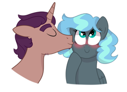 Size: 1024x740 | Tagged: safe, artist:ashidaii, derpibooru import, oc, oc only, oc:bolster spark, oc:floral rift, pegasus, pony, unicorn, blushing, bust, female, kissing, male, mare, portrait, simple background, stallion, transparent background