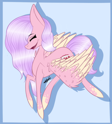 Size: 1000x1100 | Tagged: safe, artist:hestiay, derpibooru import, oc, oc only, pegasus, pony, eyes closed, hair over one eye, signature, socks (coat marking), solo