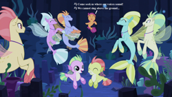 Size: 1280x720 | Tagged: safe, derpibooru import, edit, edited screencap, screencap, scootaloo, seapony (g4), surf and/or turf, baby seaponies (g4), background sea pony, bongos, cute, cutealoo, dancing, harry potter, harry potter and the goblet of fire, lyrics, seaponified, seapony scootaloo, seaquestria, seaweed, song reference, species swap, text