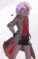 Size: 1280x1991 | Tagged: safe, artist:jonfawkes, derpibooru import, oc, oc only, oc:fickle fortune, human, belt, clothes, coat, cute, dark skin, dracosteed, female, glasses, humanized, jacket, miniskirt, moe, musician, skirt, teenager, two color hair, two tone eye