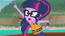 Size: 1280x720 | Tagged: safe, derpibooru import, edit, edited screencap, screencap, sci-twi, twilight sparkle, better together, equestria girls, the salty sails, ben 10, clothes, geode of telekinesis, omnitrix, solo, swimsuit, tara strong, voice actor joke