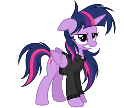 Size: 4048x3536 | Tagged: safe, artist:kimmyartmlp, derpibooru import, twilight sparkle, twilight sparkle (alicorn), alicorn, pony, alternate hairstyle, clothes, female, jacket, messy mane, simple background, solo, transparent background