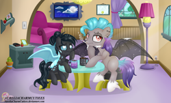 Size: 1876x1132 | Tagged: safe, artist:raspberrystudios, derpibooru import, oc, oc only, oc:axel, bat pony, changeling, bored, changeling oc, cigarette, clock, coffee, coffee mug, commission, exhausted, lamp, mug, shading, smoking, sofa, tired