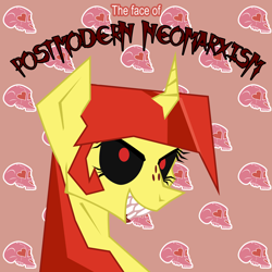 Size: 5000x5000 | Tagged: safe, artist:aaronmk, derpibooru import, oc, oc:lefty pony, pony, unicorn, abstract background, absurd resolution, black sclera, curved horn, eyelashes, female, freckles, glare, grin, heart, mare, marxism, postmodern neomarxism, sharp teeth, simple background, skull, smiling, smirk, teeth, vector