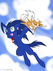 Size: 3024x4032 | Tagged: safe, artist:larrykitty, derpibooru import, oc, oc:keeper, fox, pony, armpits, colt, female, jumping, kitsune, male, miles "tails" prower, multiple tails, panic, ponified, sonic the hedgehog, sonic the hedgehog (series)