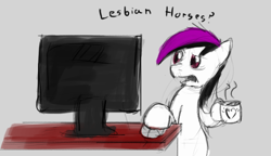 Size: 798x461 | Tagged: safe, artist:tetrapony, derpibooru import, oc, oc only, oc:mbulsht, pony, bronyville, bronyville podcast, computer, desk, female, lesbian, mug, open mouth