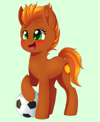 Size: 1334x1634 | Tagged: safe, artist:adostume, derpibooru import, oc, oc:blaze, earth pony, pony, ball, blushing, cute, fire pony, solo