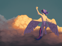 Size: 4000x2994 | Tagged: safe, artist:thelittlesnake, derpibooru import, twilight sparkle, twilight sparkle (alicorn), alicorn, anthro, unguligrade anthro, cloud, female, high res, raised fist, solo