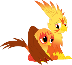 Size: 3579x3212 | Tagged: safe, artist:porygon2z, derpibooru import, oc, oc only, oc:blaze, oc:heatwave, griffon, chickub, hug, simple background, transparent background, winghug