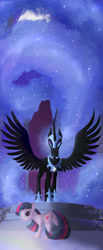 Size: 1155x2800 | Tagged: safe, artist:jaeneth, nightmare moon, twilight sparkle, alicorn, pony, unicorn, friendship is magic, looking at you, moon, scene interpretation, spread wings, wings