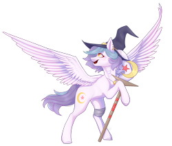 Size: 1846x1565 | Tagged: safe, artist:daringpineapple, derpibooru import, oc, oc:shylu, pegasus, pony, female, hat, mare, simple background, solo, staff, transparent background, witch hat