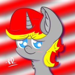 Size: 768x768 | Tagged: safe, artist:rubydeluxe, derpibooru exclusive, derpibooru import, oc, oc only, oc:rd, alicorn, abstract background, alicorn oc, blushing, bust, cute, digital art, ear fluff, eyebrows, horn, looking at you, male, muzzle, neck fluff, portrait, pupils, shading, signature, smiling, solo