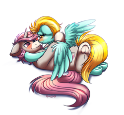 Size: 903x834 | Tagged: safe, artist:confetticakez, lightning dust, oc, oc:intrepid charm, pegasus, pony, canon x oc, cuddling, female, heart, male, mare, stallion, straight