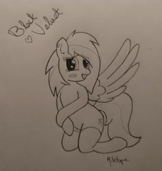 Size: 3306x3483 | Tagged: safe, artist:ponynamedmixtape, derpibooru import, oc, oc:black velvet, pegasus, pony, anatomically incorrect, blushing, clothes, female, socks, solo, traditional art