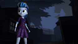 Size: 1920x1080 | Tagged: safe, artist:razethebeast, indigo zap, equestria girls, friendship games, 3d, bowtie, building, clothes, crystal prep academy uniform, ear piercing, earring, goggles, jewelry, piercing, school uniform, serious, serious face, skirt, solo, source filmmaker