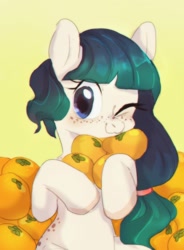 Size: 942x1280 | Tagged: safe, artist:ketticat55, oc, oc only, pony, cute, food, freckles, ocbetes, orange, solo