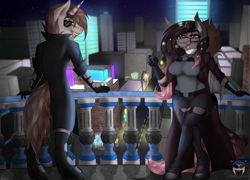 Size: 2500x1800 | Tagged: safe, artist:shilohsmilodon, oc, oc only, oc:gradient wish, oc:order compulsive, anthro, alcohol, balcony, city, cityscape, cyberpunk, vape