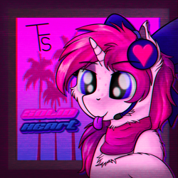 Size: 1200x1200 | Tagged: safe, artist:thefunnysmile, derpibooru import, oc, oc:solid heart, pony, unicorn, bust, clothes, headphones, portrait, scarf, solo, synthwave, tongue out