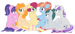 Size: 5797x2681 | Tagged: safe, artist:chub-wub, derpibooru import, cloudy quartz, cookie crumbles, pear butter, posey shy, twilight velvet, windy whistles, earth pony, pegasus, pony, unicorn, cute, female, looking at each other, mare, mats, mom six, one eye closed, pregnant, prone, raised hoof, simple background, sitting, smiling, transparent background, wink