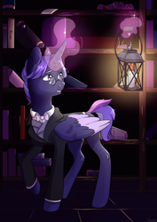 Size: 1024x1448 | Tagged: safe, artist:worldlofldreams, derpibooru import, oc, oc only, alicorn, alicorn oc, book, candle, clothes, commission, fire, glasses, lantern, library, magic, male, shelf, solo