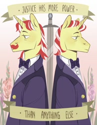 Size: 472x604 | Tagged: safe, artist:stockingstealer, idw, flam, flim, pony, semi-anthro, unicorn, spoiler:comic, back to back, duo, flim flam brothers, handsome, judge, judges, majestic, mirror universe, sword, weapon