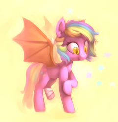 Size: 2749x2849 | Tagged: safe, artist:lilfunkman, oc, oc only, oc:paper stars, bat pony, pony, abstract background, amputee, bandage, colored pupils, cute, cute little fangs, ear fluff, fangs, featured on derpibooru, female, mare, missing limb, raised hoof, smiling, solo, spread wings, stump, wings