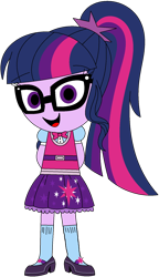 Size: 1012x1752 | Tagged: safe, artist:ra1nb0wk1tty, sci-twi, twilight sparkle, equestria girls, bowtie, clothes, cute, glasses, hands behind back, looking at you, mary janes, ponytail, shoes, simple background, skirt, socks, solo, transparent background