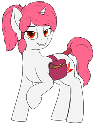 Size: 2725x3603 | Tagged: safe, artist:zippysqrl, derpibooru import, oc, oc only, oc:crimson prose, pony, unicorn, book, commission, female, looking at you, magic book, mare, ponytail, saddle bag, simple background, smiling, solo, tail wrap, transparent background