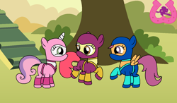 Size: 1024x596 | Tagged: safe, artist:author92, derpibooru import, apple bloom, scootaloo, sweetie belle, earth pony, pegasus, pony, unicorn, alternate costumes, clothes, clubhouse, crusaders clubhouse, cutie mark crusaders, kunoichi, mask, ninja