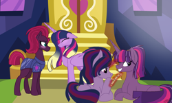 Size: 1024x613 | Tagged: safe, artist:thenorwegianbrony, derpibooru import, tempest shadow, twilight sparkle, twilight sparkle (alicorn), alicorn, family, female, lesbian, magical lesbian spawn, offspring, parent:tempest shadow, parent:twilight sparkle, parents:tempestlight, shipping, tempestlight